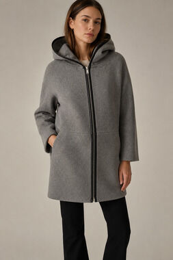 J.Crew Stadium Cloth Hooded Cocoon Coat Gray Leather Trim Wool Blend Sz 8